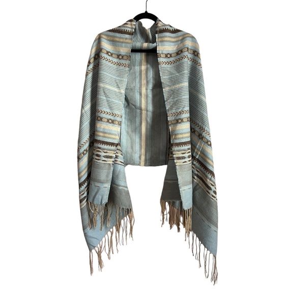Powder Blue Southwestern Blanket Tassel Scarf 27x71” Big Cozy Scarf Stripes - Picture 6 of 14